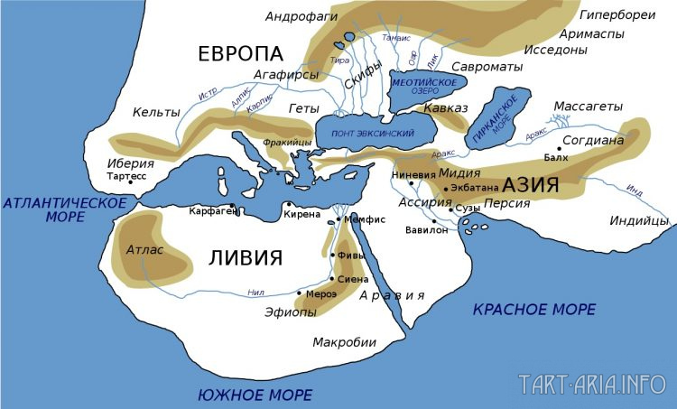 Реконструкция ойкумены (обитаемого мира), древней карты по Геродоту, c. 450 г. до н.э. Источник 
