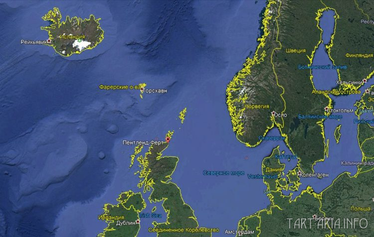 Шотландия и пролив Пентленд на спутниковой карте